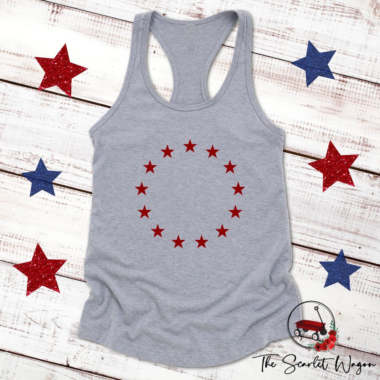 Betsy Ross Flag Women's Racerback Tank Patriotic Shirt The Scarlet Wagon Boutique Heather Gray Small 