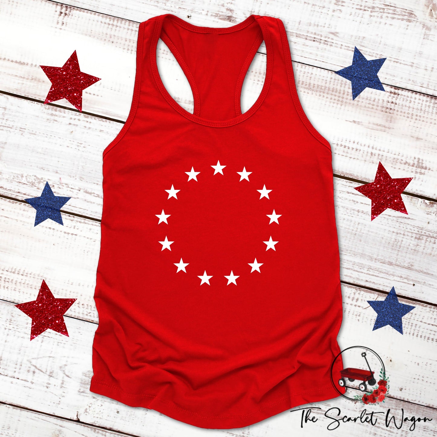 Betsy Ross Flag Women's Racerback Tank Patriotic Shirt The Scarlet Wagon Boutique Red Small 