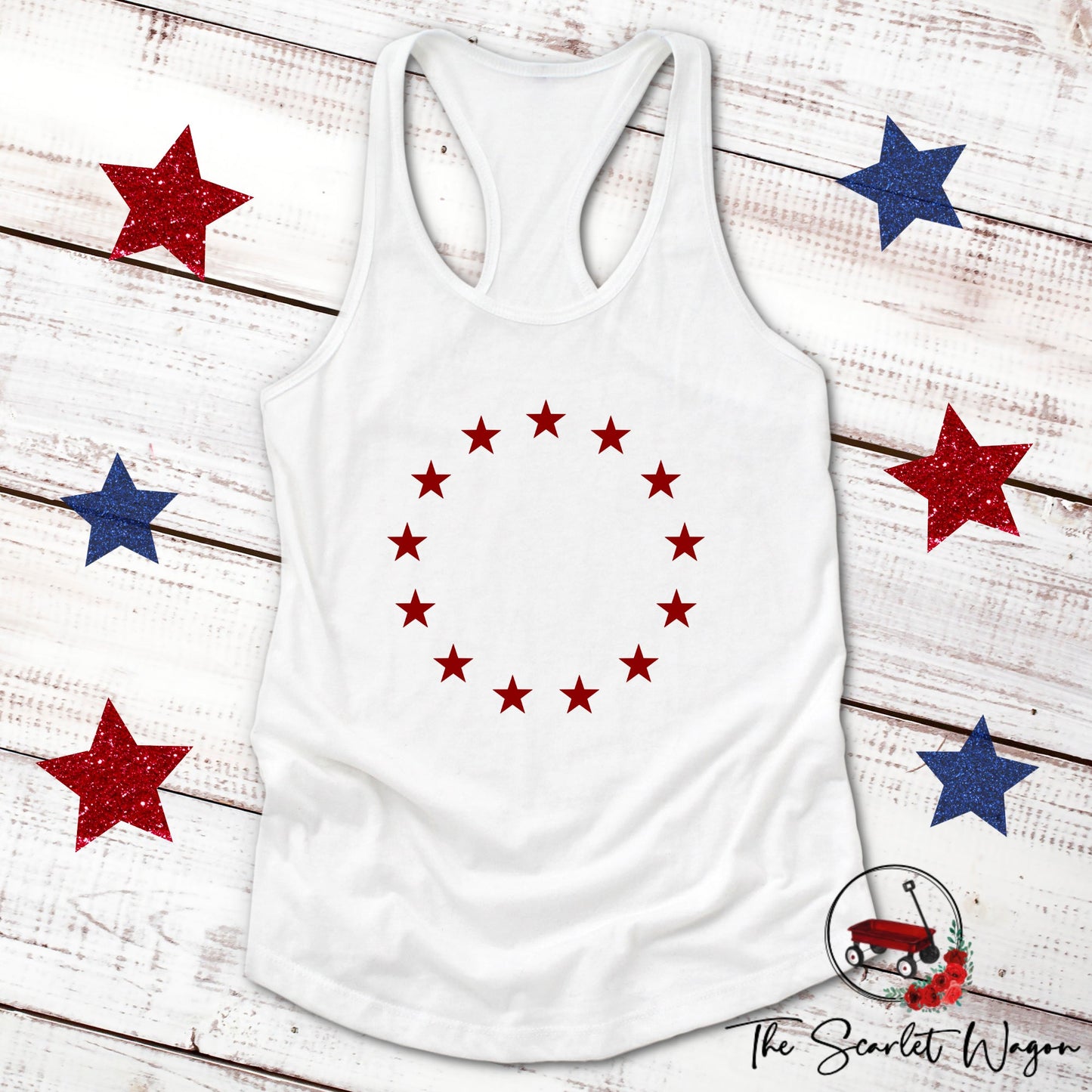 Betsy Ross Flag Women's Racerback Tank Patriotic Shirt The Scarlet Wagon Boutique White Small 