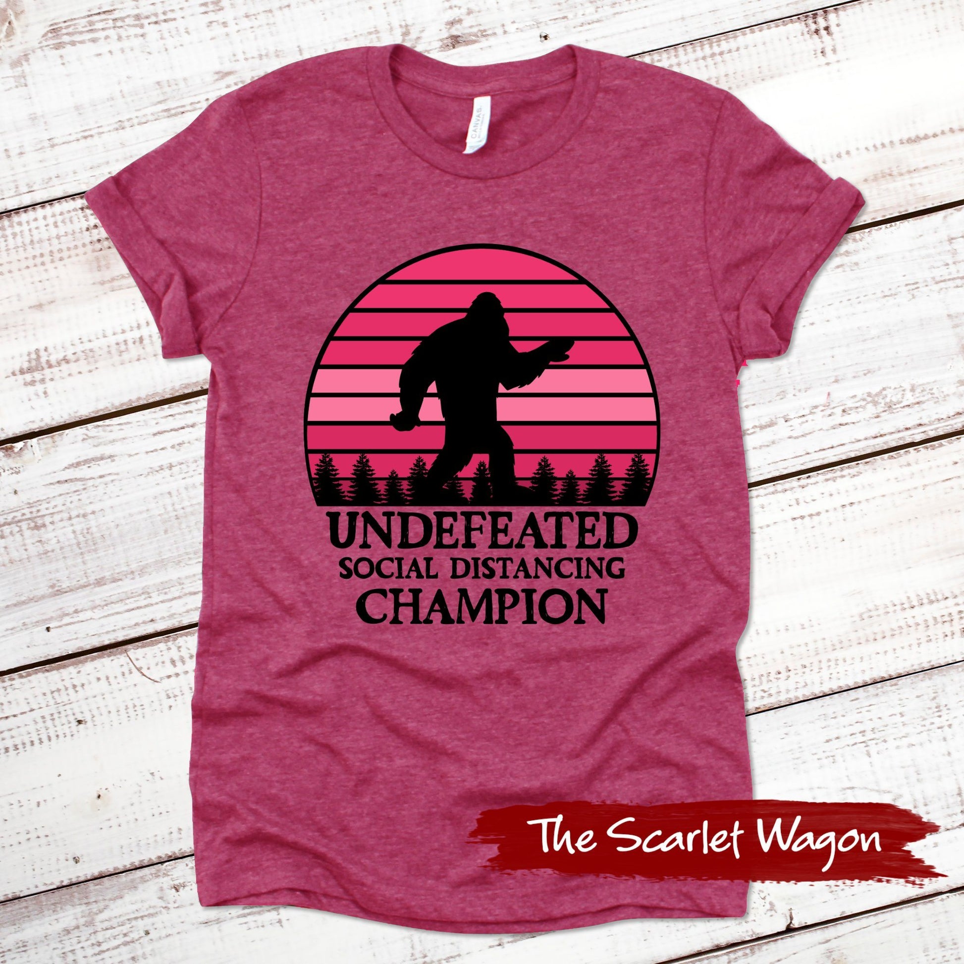 Bigfoot Social Distancing Champion Funny Shirt Scarlet Wagon Heather Raspberry XS 