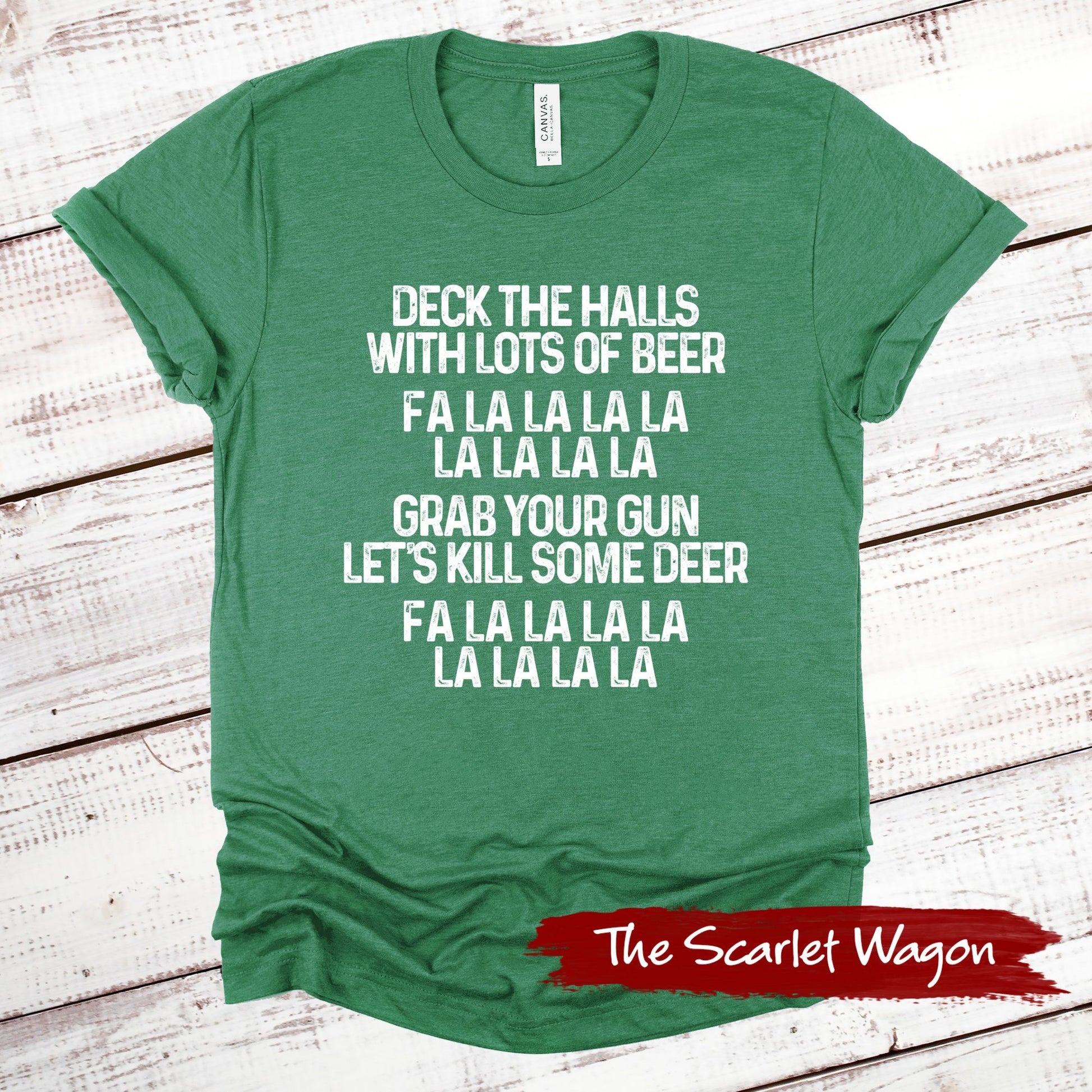Deck the Halls with Lots of Beer Christmas Shirt Scarlet Wagon Heather Green XS 