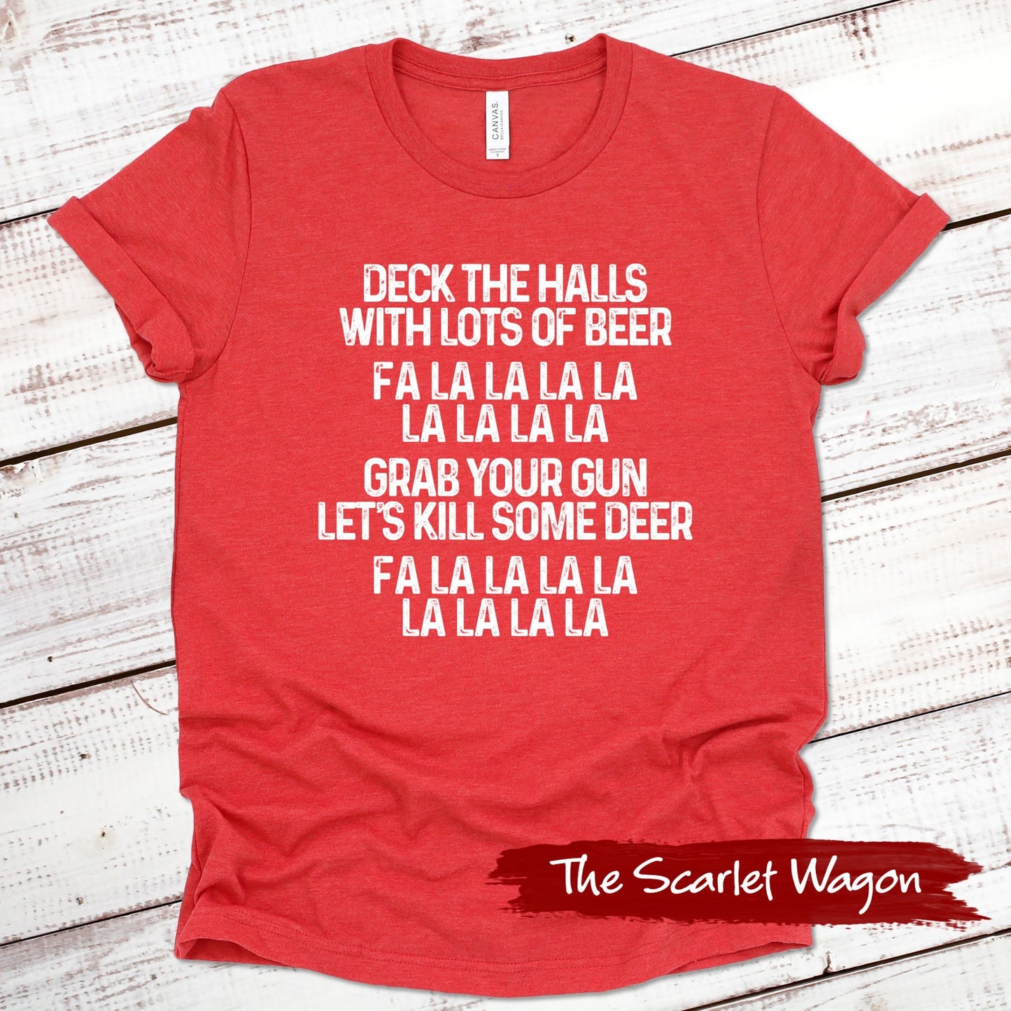 Deck the Halls with Lots of Beer Christmas Shirt Scarlet Wagon Heather Red XS 