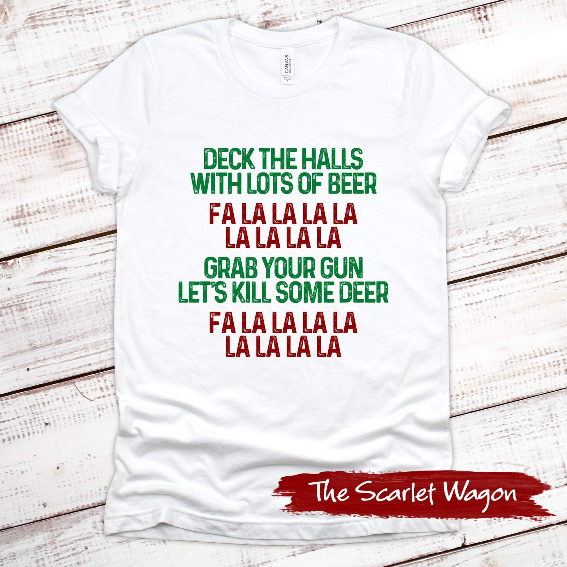 Deck the Halls with Lots of Beer Christmas Shirt Scarlet Wagon White XS 