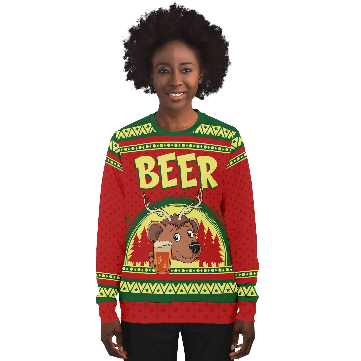 Deer with a Beer Ugly Christmas Sweatshirt Fashion Sweatshirt - AOP Subliminator 