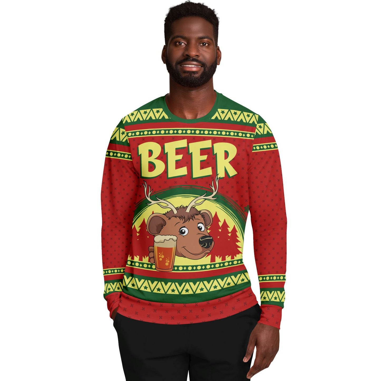 Deer with a Beer Ugly Christmas Sweatshirt Fashion Sweatshirt - AOP Subliminator 