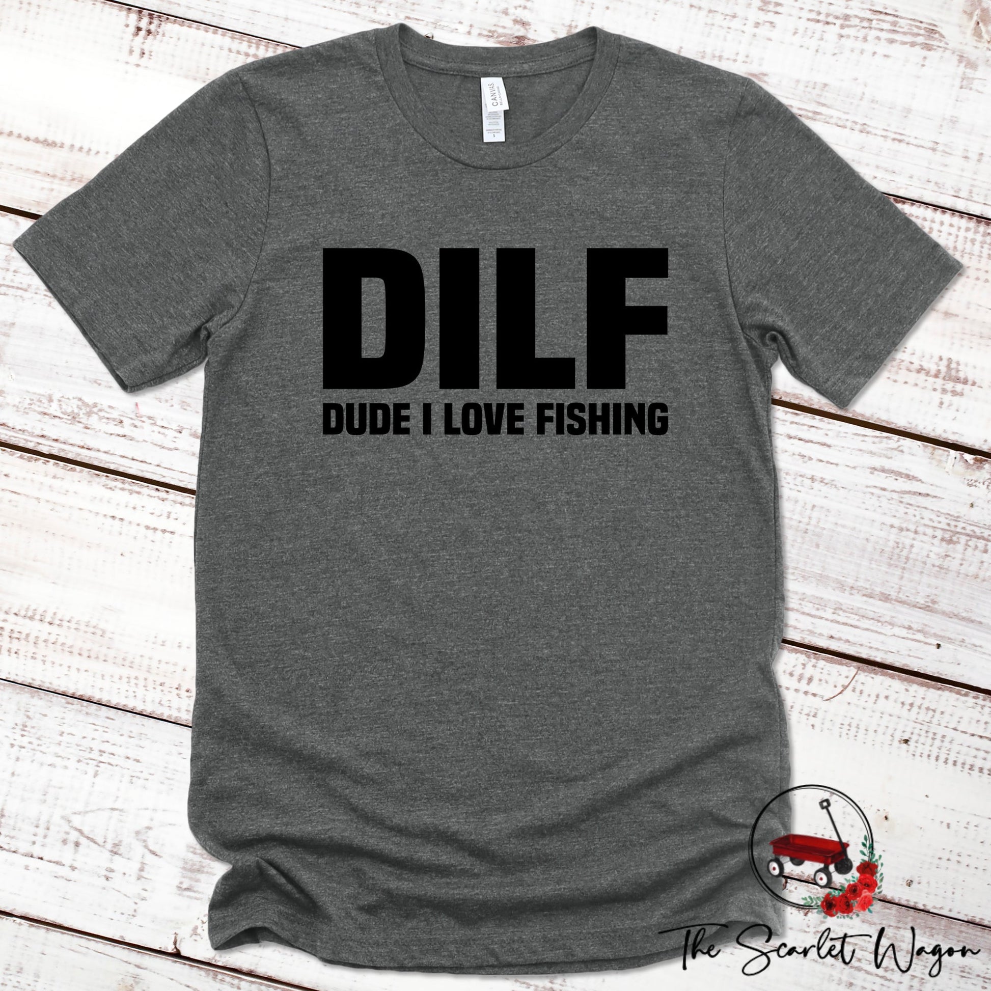 DILF - Dude I Love Fishing Premium Tee Scarlet Wagon Deep Heather Gray XS 