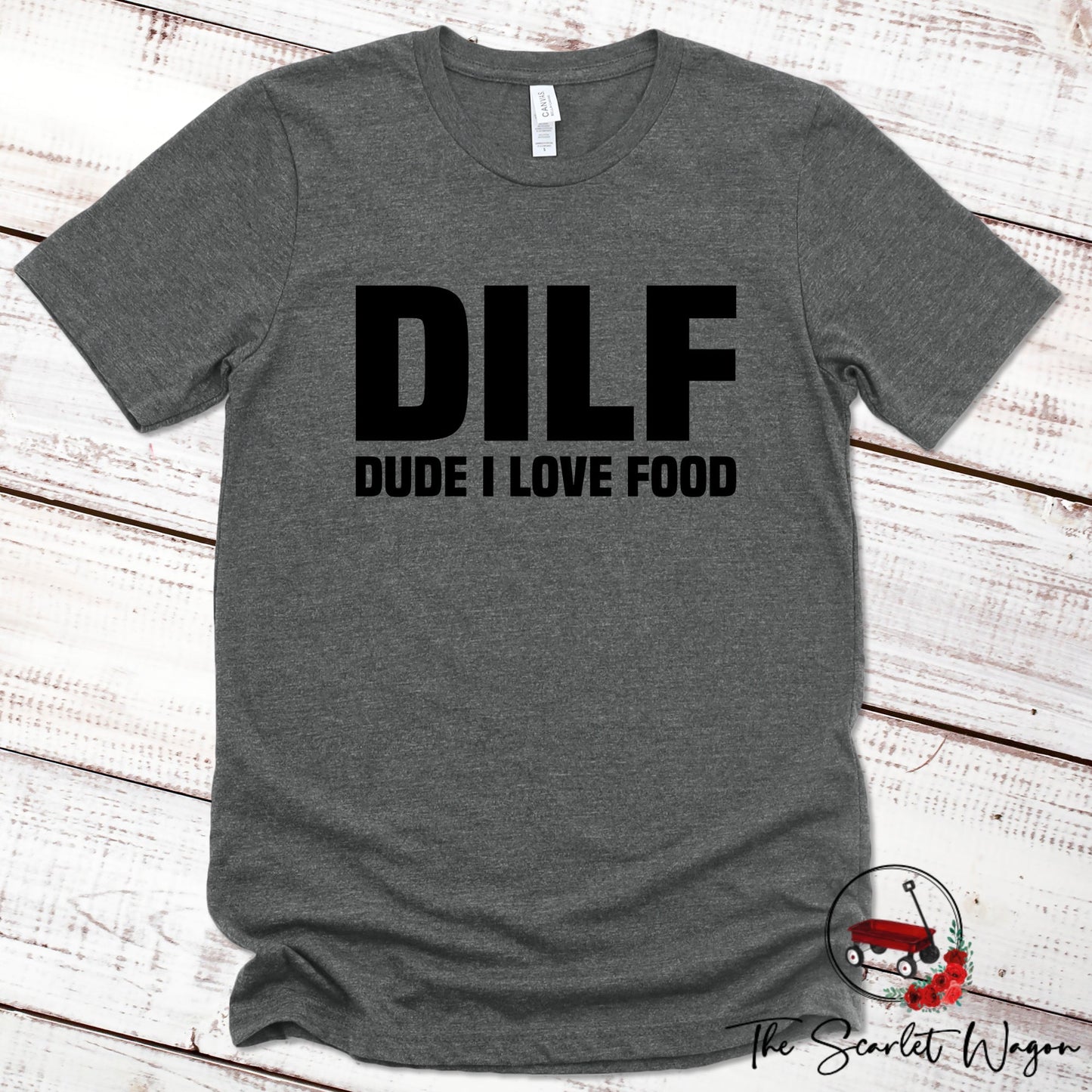 DILF - Dude I Love Food Premium Tee Scarlet Wagon Deep Heather Gray XS 