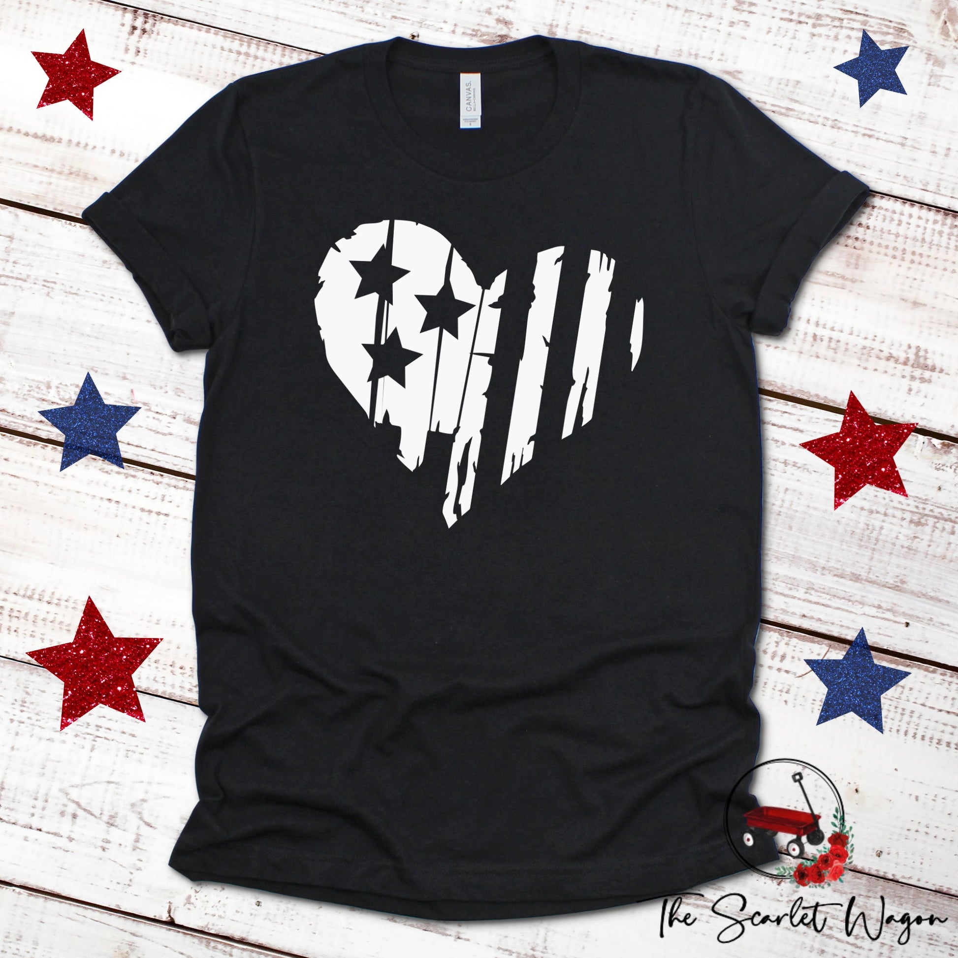 Distressed Heart-Shaped Flag Unisex Tee Patriotic Shirt The Scarlet Wagon Boutique Black XS 