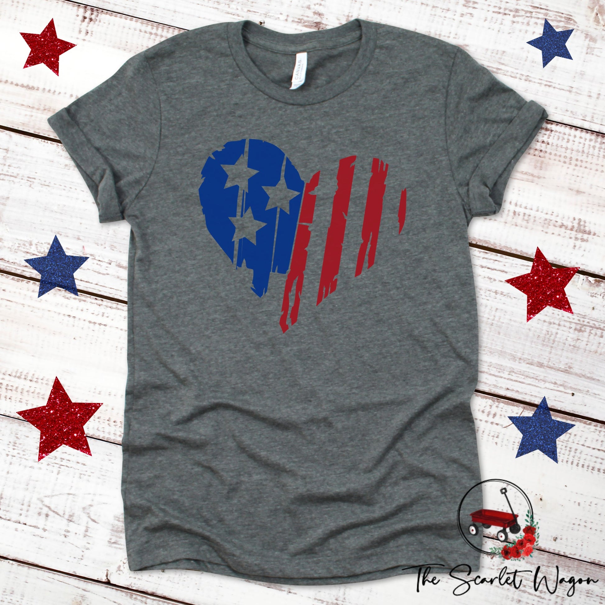 Distressed Heart-Shaped Flag Unisex Tee Patriotic Shirt The Scarlet Wagon Boutique Deep Heather Gray XS 