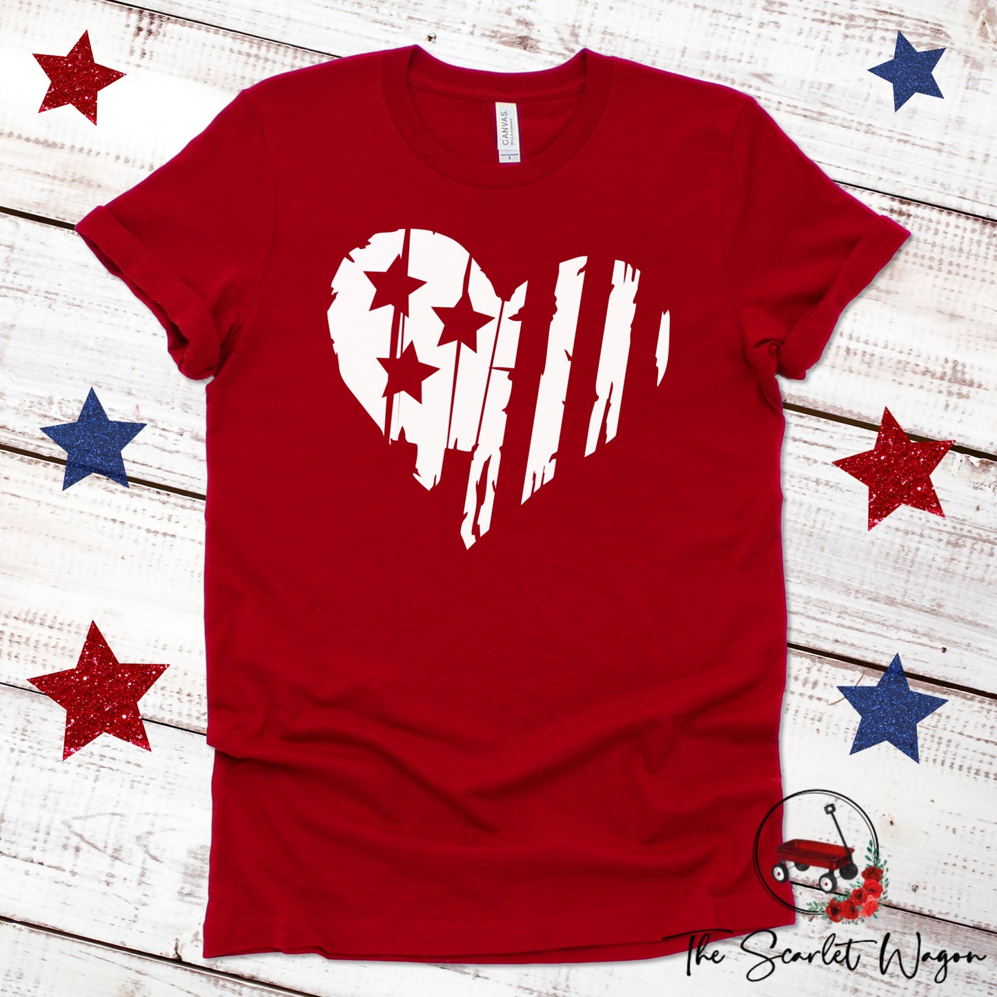 Distressed Heart-Shaped Flag Unisex Tee Patriotic Shirt The Scarlet Wagon Boutique Red XS 
