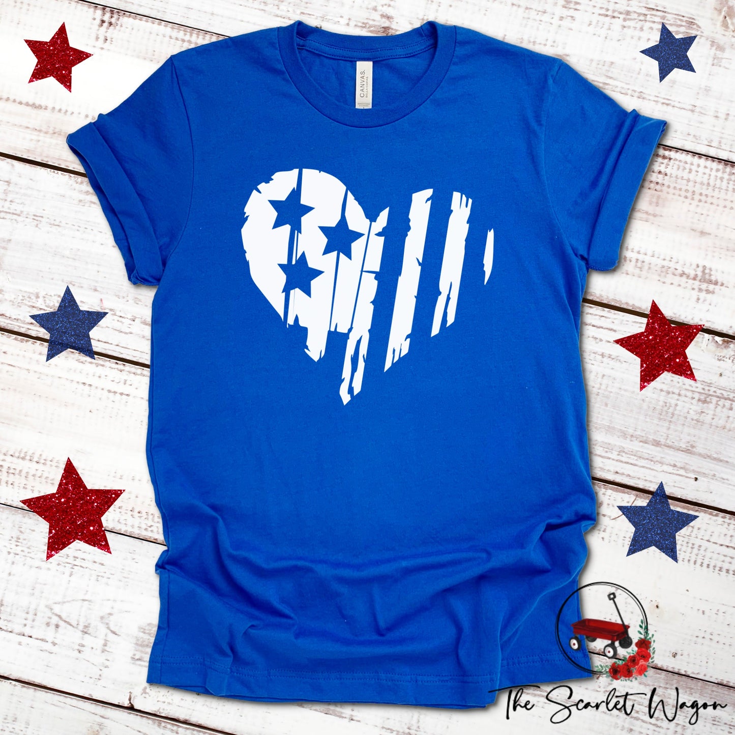Distressed Heart-Shaped Flag Unisex Tee Patriotic Shirt The Scarlet Wagon Boutique Royal Blue XS 