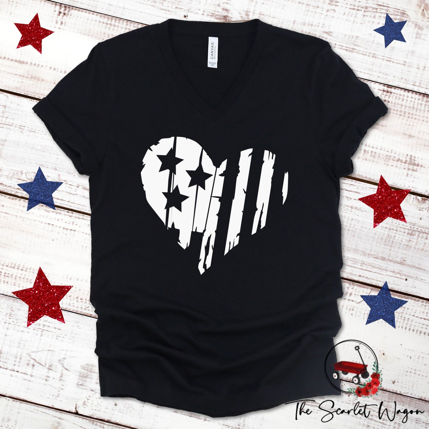 Distressed Heart-Shaped Flag Unisex V-Neck Patriotic Shirt The Scarlet Wagon Boutique Black XS 