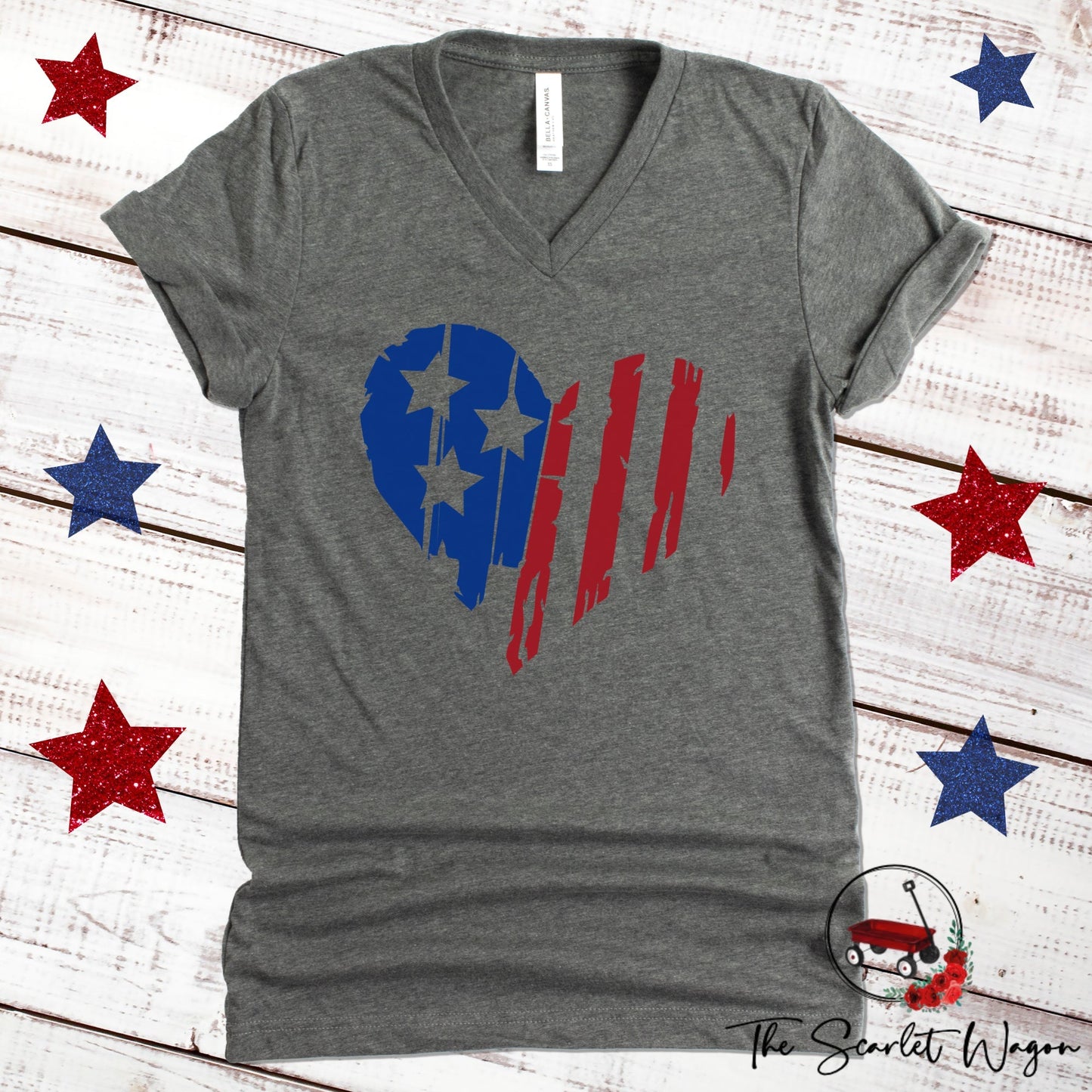 Distressed Heart-Shaped Flag Unisex V-Neck Patriotic Shirt The Scarlet Wagon Boutique Deep Heather Gray XS 