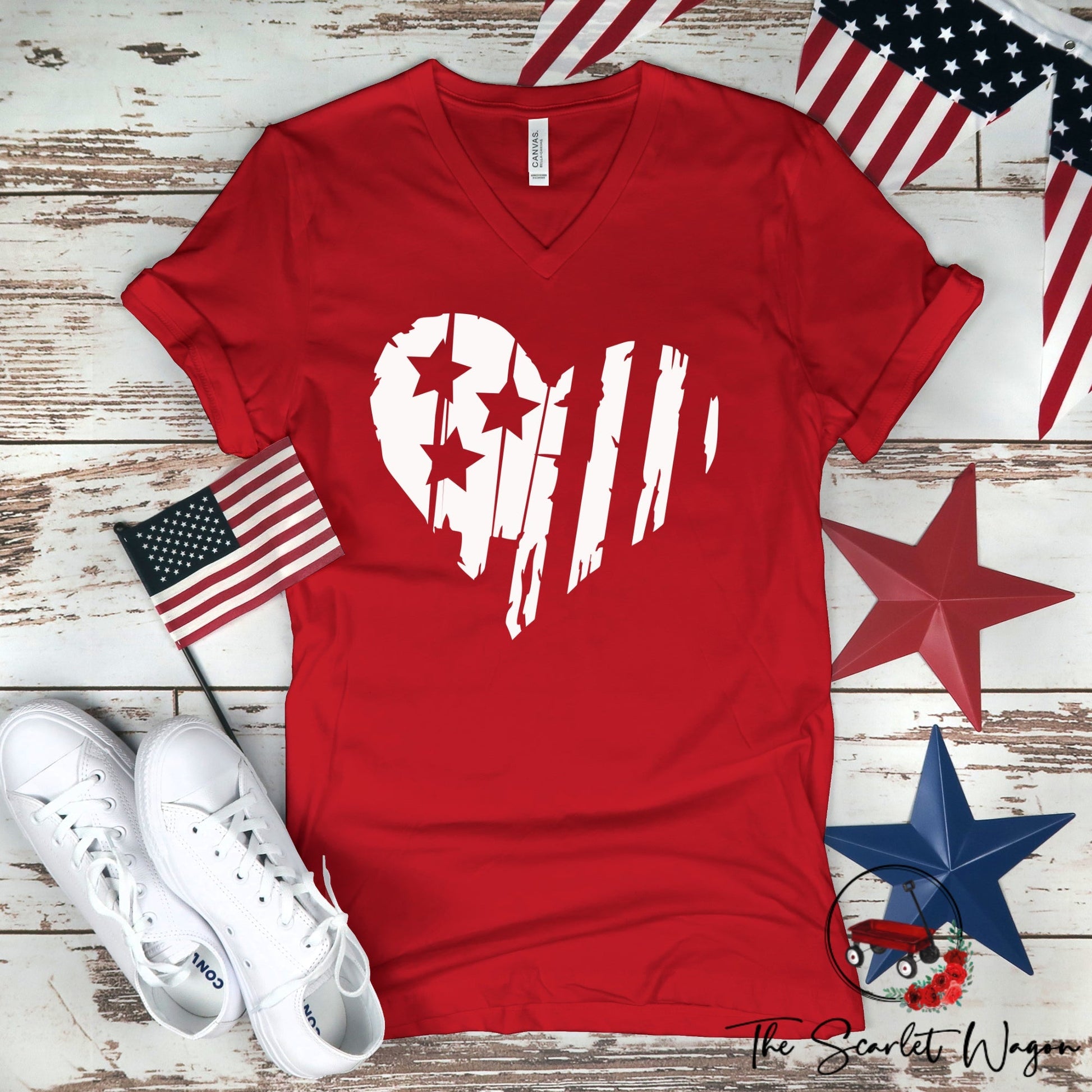 Distressed Heart-Shaped Flag Unisex V-Neck Patriotic Shirt The Scarlet Wagon Boutique Red XS 