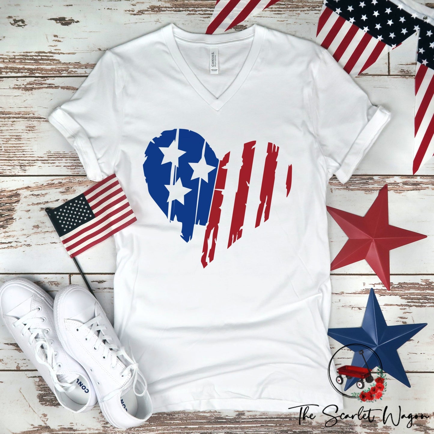 Distressed Heart-Shaped Flag Unisex V-Neck Patriotic Shirt The Scarlet Wagon Boutique White XS 