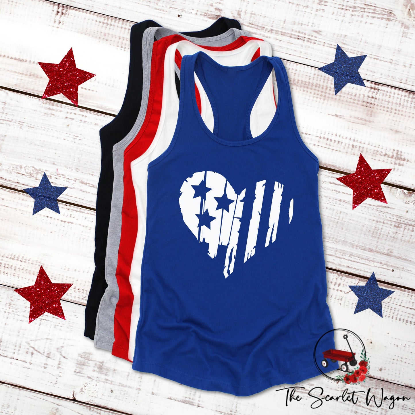 Distressed Heart-Shaped Flag Women's Racerback Tank Patriotic Shirt The Scarlet Wagon Boutique 