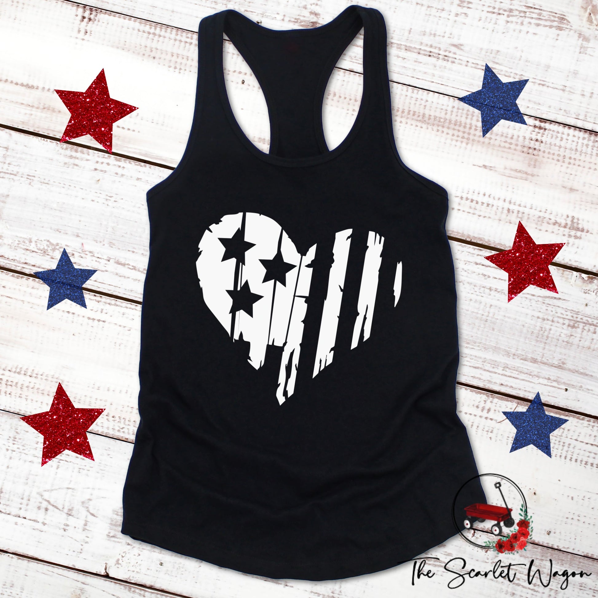 Distressed Heart-Shaped Flag Women's Racerback Tank Patriotic Shirt The Scarlet Wagon Boutique Black Small 