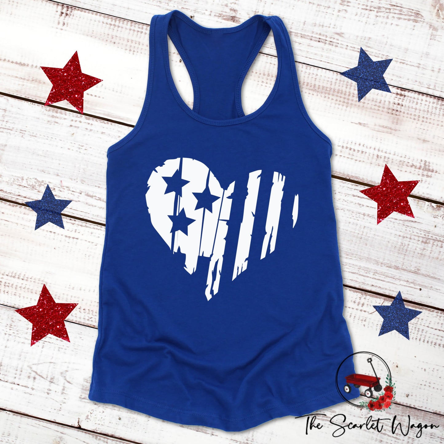 Distressed Heart-Shaped Flag Women's Racerback Tank Patriotic Shirt The Scarlet Wagon Boutique Blue Small 