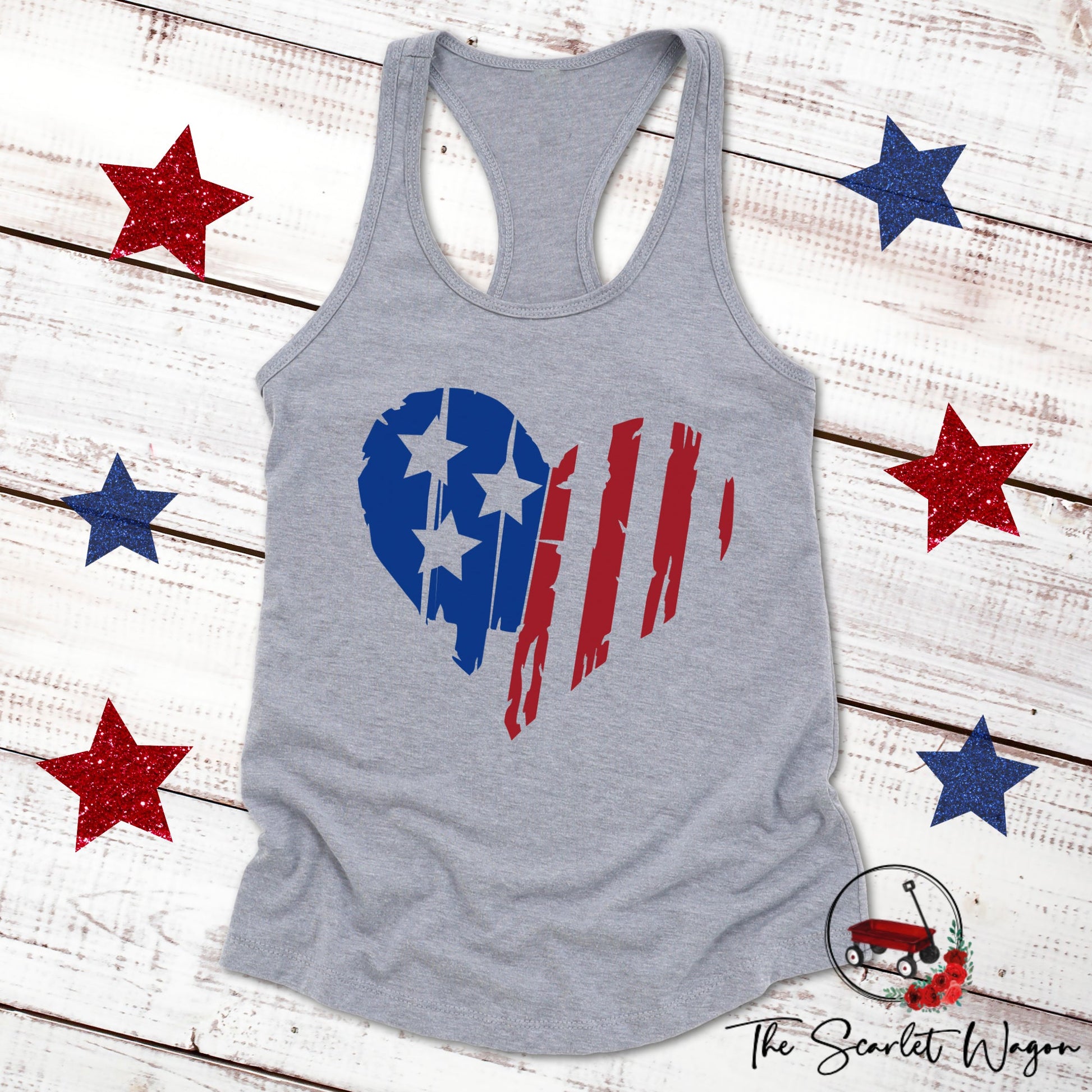 Distressed Heart-Shaped Flag Women's Racerback Tank Patriotic Shirt The Scarlet Wagon Boutique Heather Gray Small 