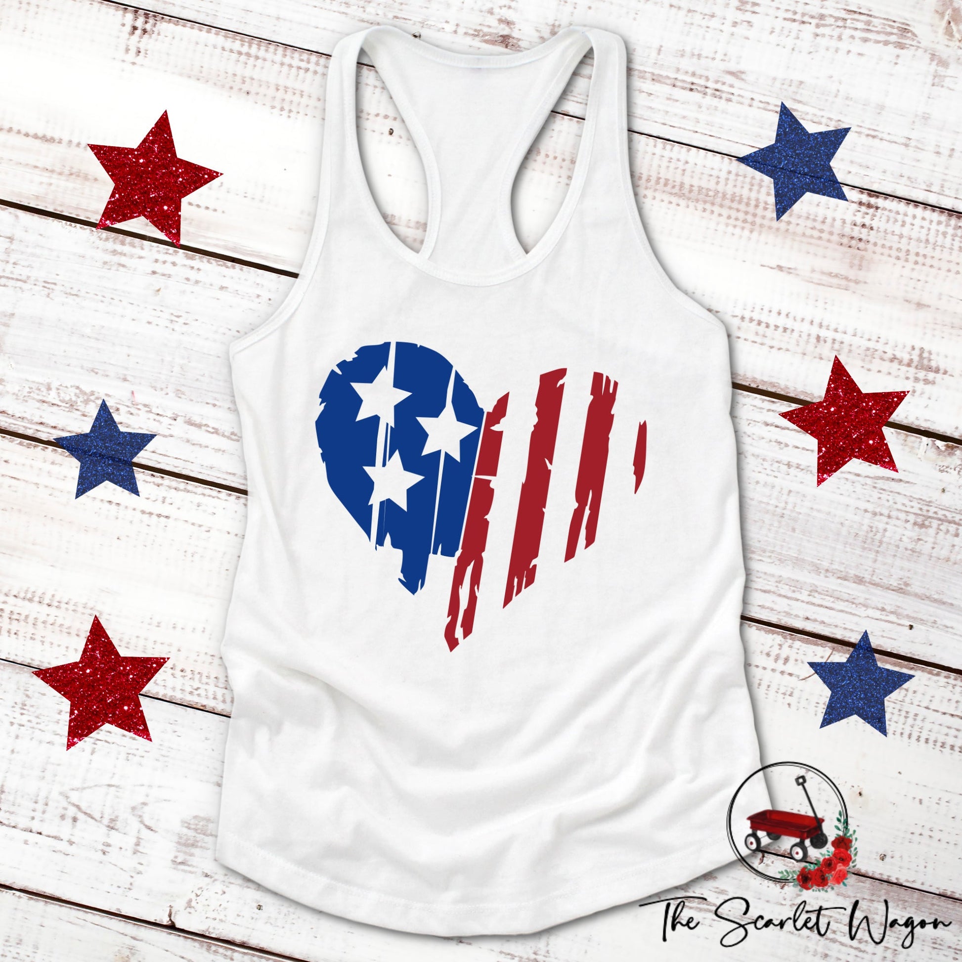 Distressed Heart-Shaped Flag Women's Racerback Tank Patriotic Shirt The Scarlet Wagon Boutique White Small 