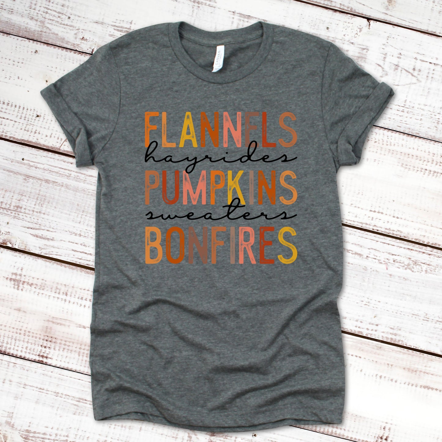 Flannels Hayrides Pumpkins Sweaters Bonfires Fall Shirt Great Giftables Deep Heather XS 