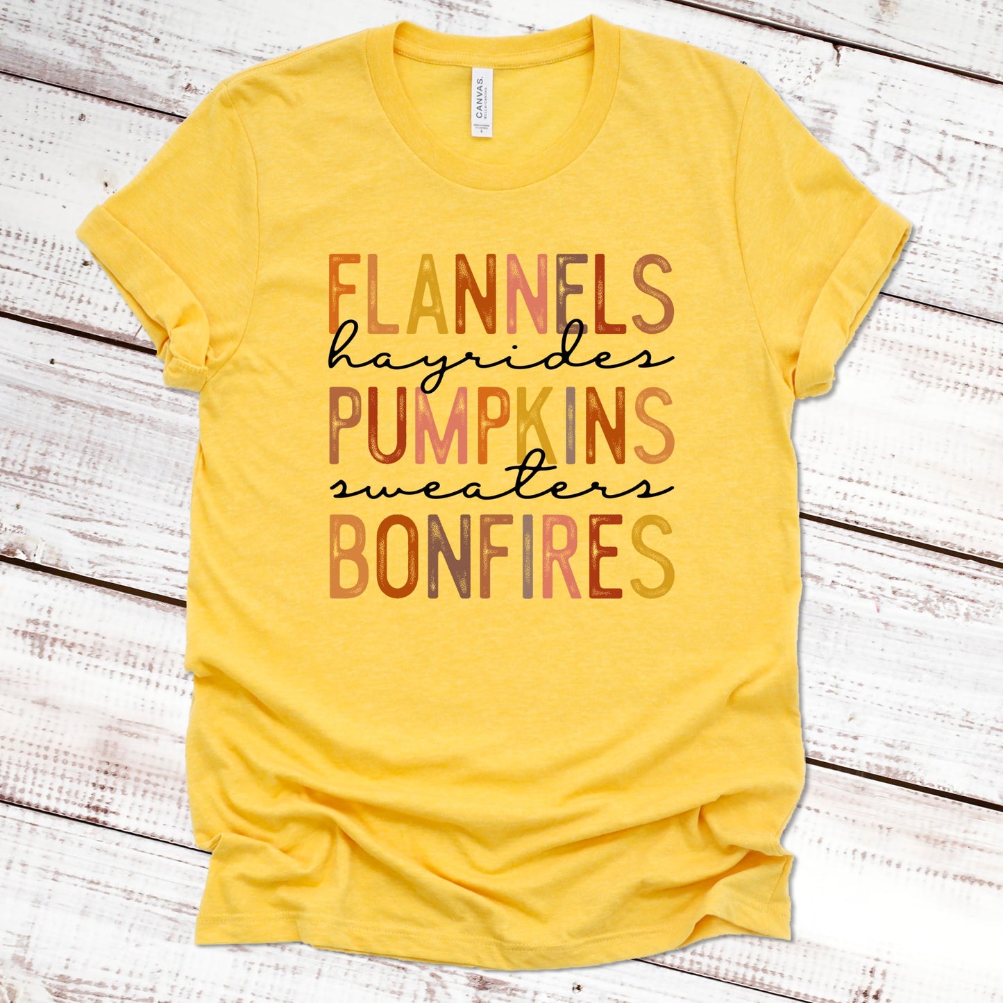 Flannels Hayrides Pumpkins Sweaters Bonfires Fall Shirt Great Giftables Heather Gold XS 