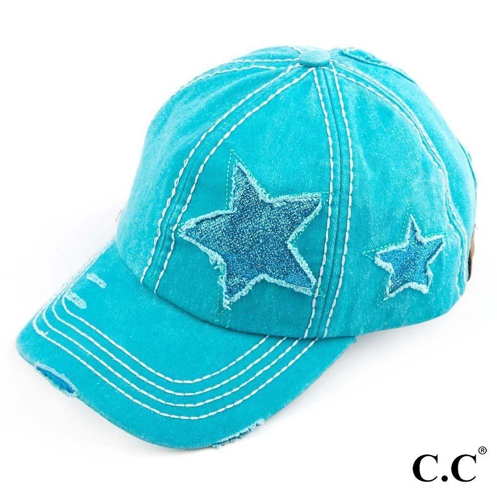 Glitter Star Distressed High Pony Cap - Turquoise Ponytail Baseball Cap Judson 