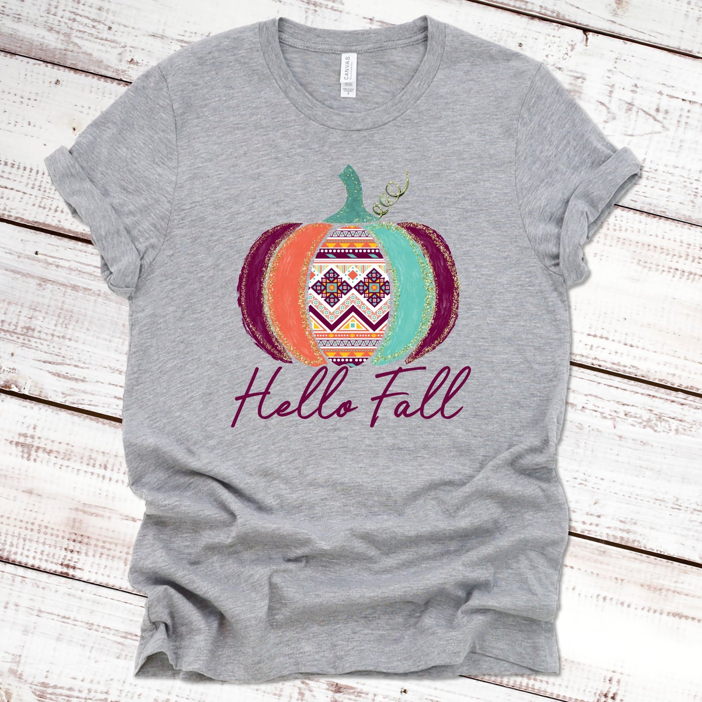 Hello Fall Aztec Pumpkin Fall Shirt Great Giftables Athletic Heather XS 
