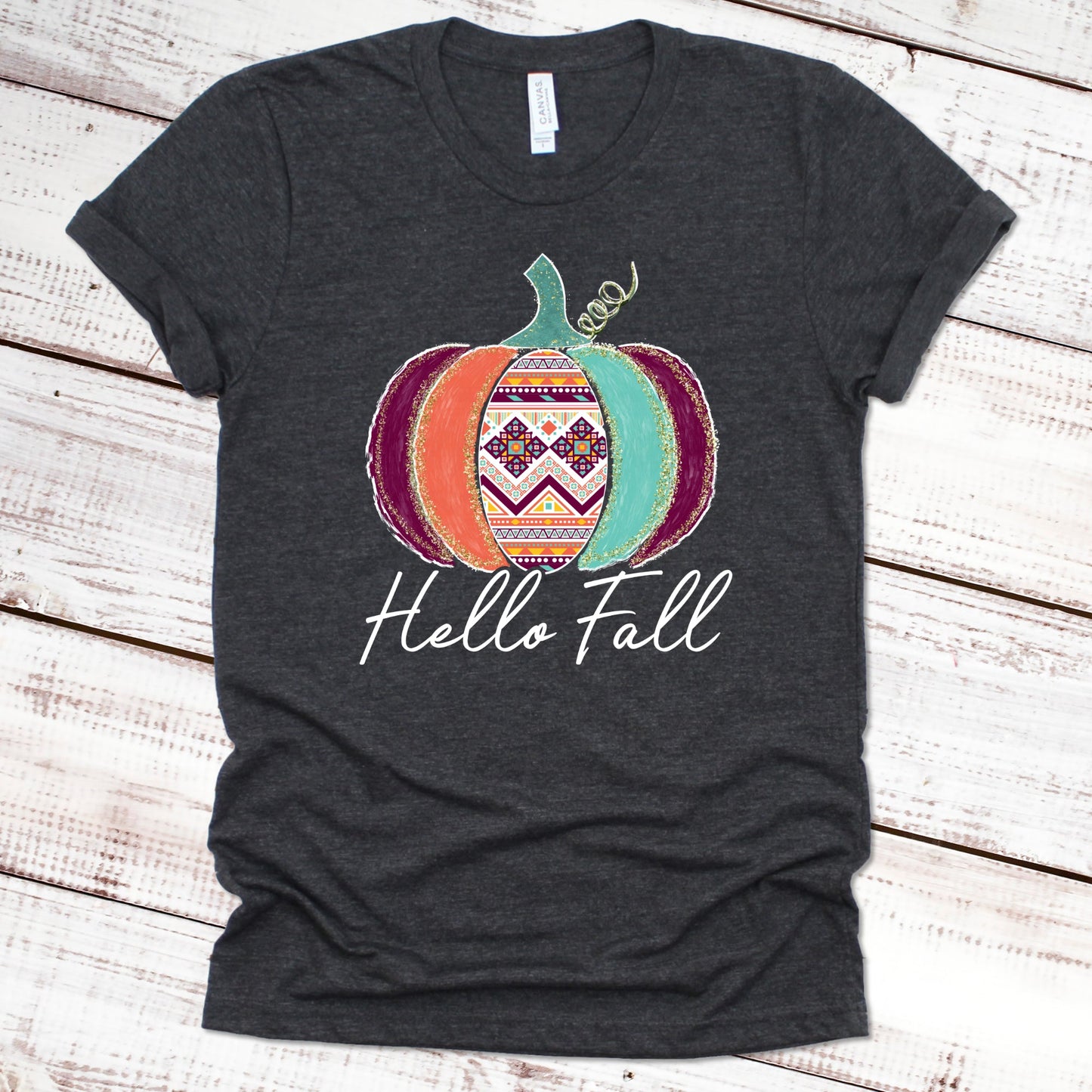 Hello Fall Aztec Pumpkin Fall Shirt Great Giftables Dark Gray Heather XS 