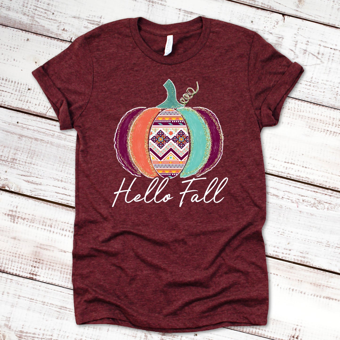 Hello Fall Aztec Pumpkin Fall Shirt Great Giftables Heather Cardinal XS 