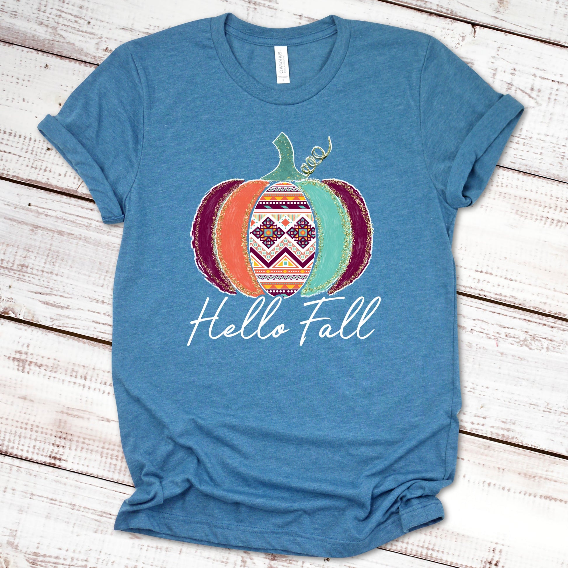 Hello Fall Aztec Pumpkin Fall Shirt Great Giftables Heather Deep Teal XS 