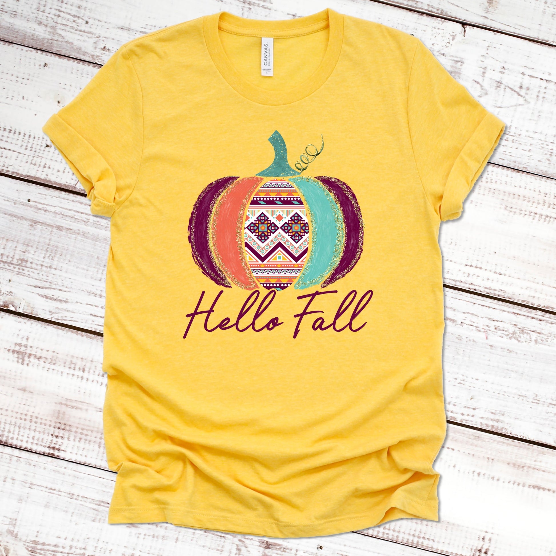 Hello Fall Aztec Pumpkin Fall Shirt Great Giftables Heather Gold XS 