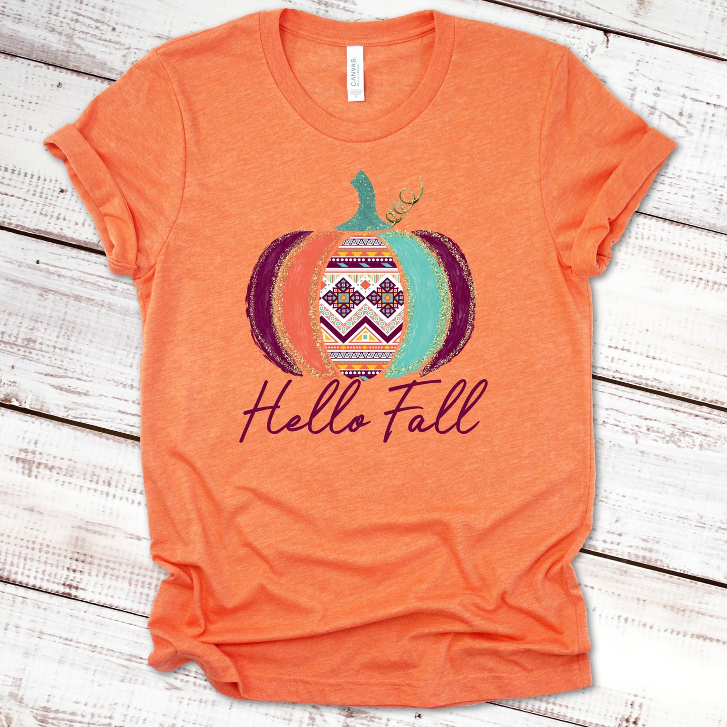 Hello Fall Aztec Pumpkin Fall Shirt Great Giftables Heather Orange XS 
