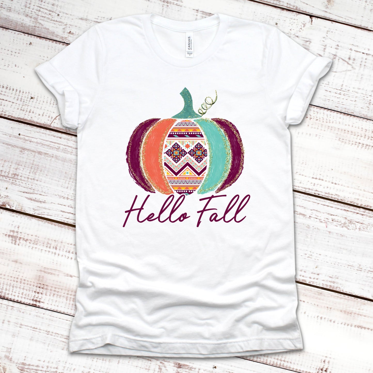 Hello Fall Aztec Pumpkin Fall Shirt Great Giftables White XS 