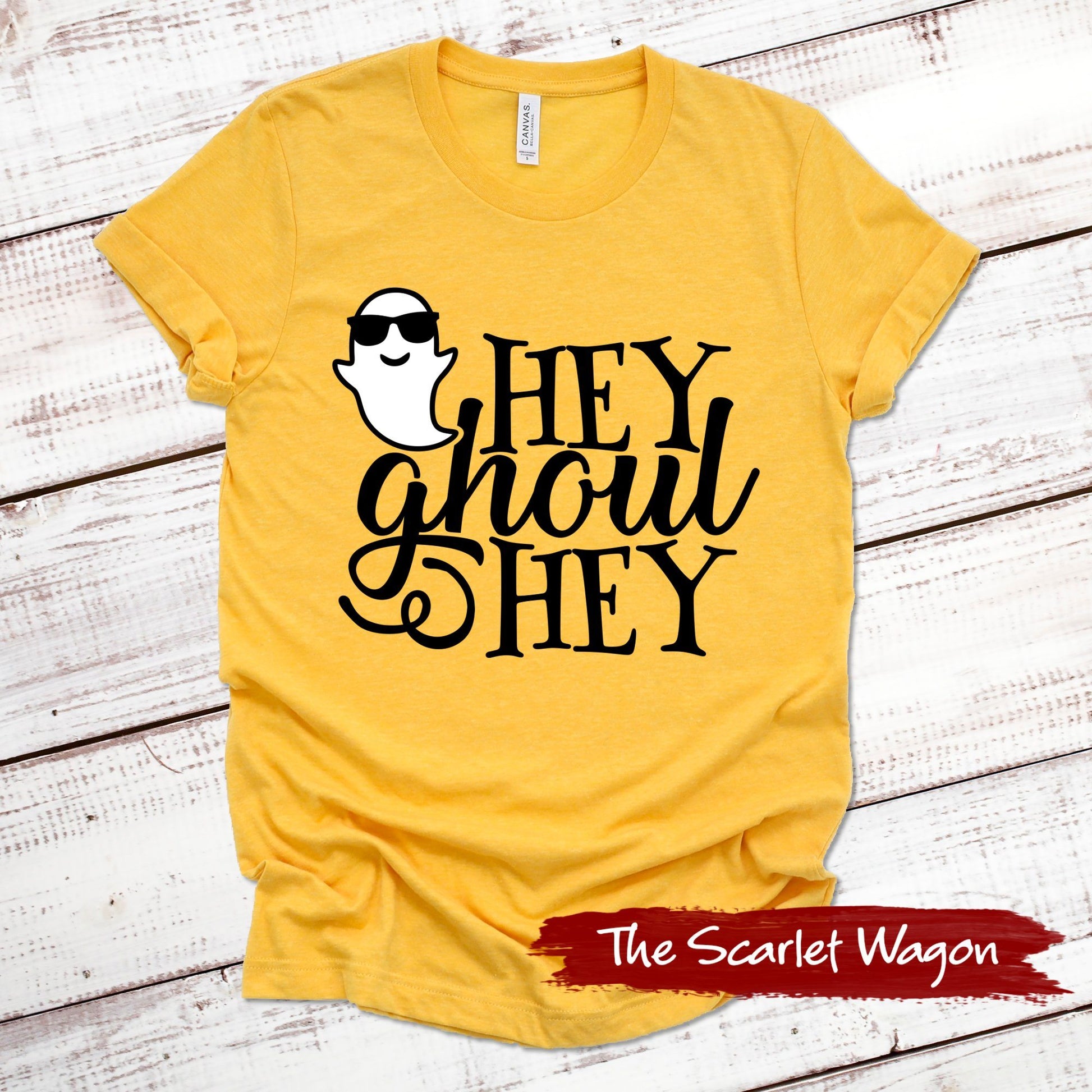 Hey Ghoul Hey Halloween Shirt Scarlet Wagon Heather Gold XS 