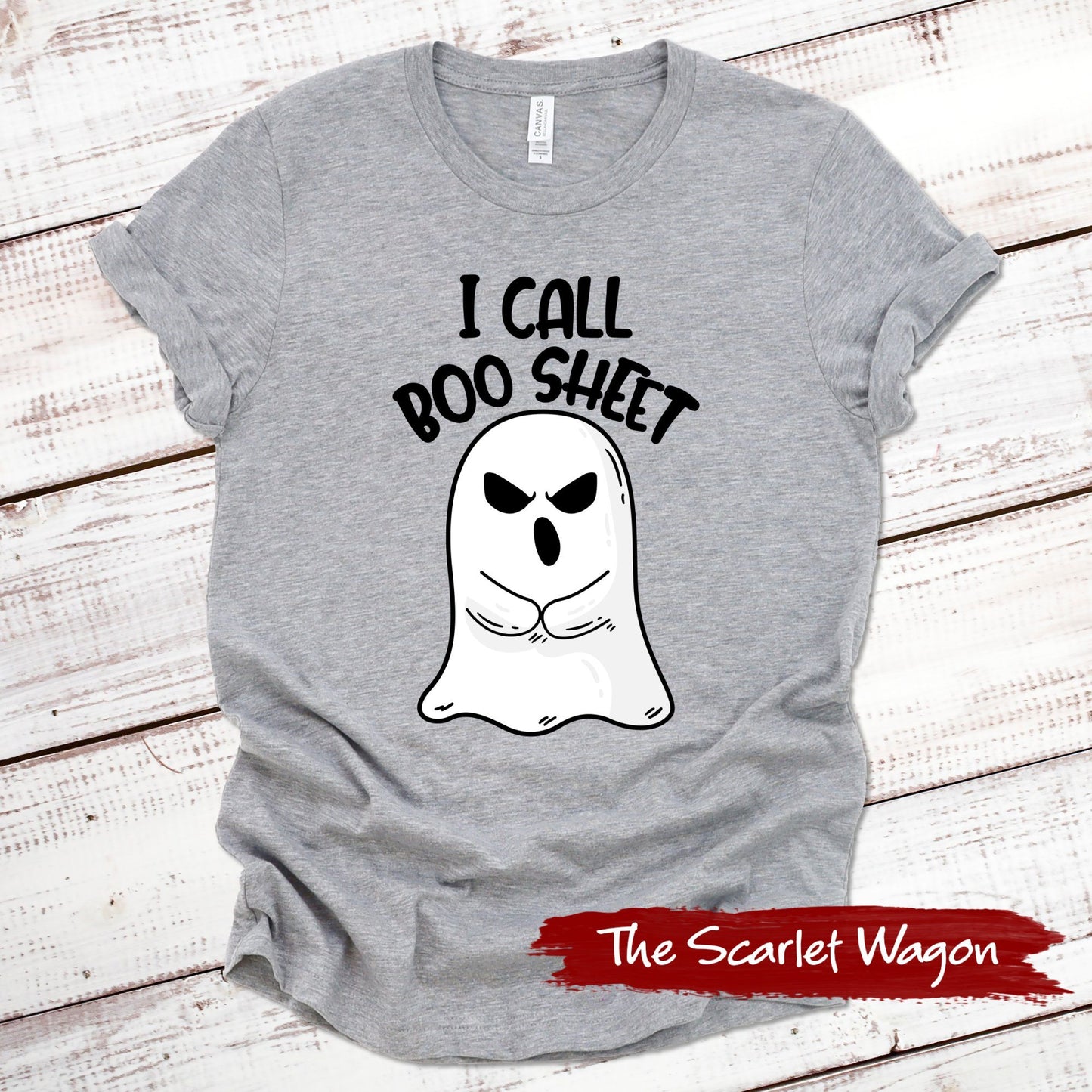 I Call Boo Sheet Halloween Shirt Scarlet Wagon Athletic Heather XS 