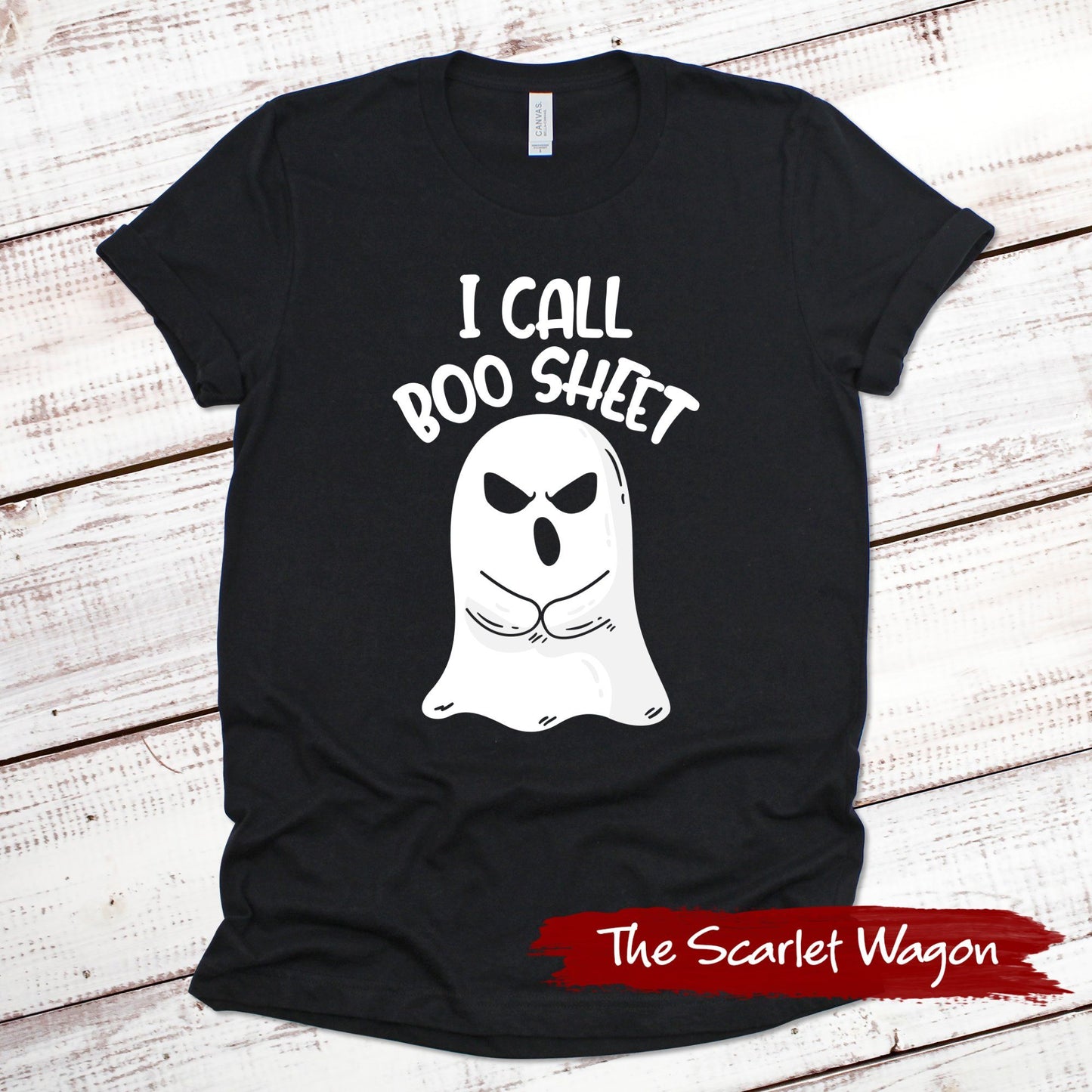 I Call Boo Sheet Halloween Shirt Scarlet Wagon Black XS 