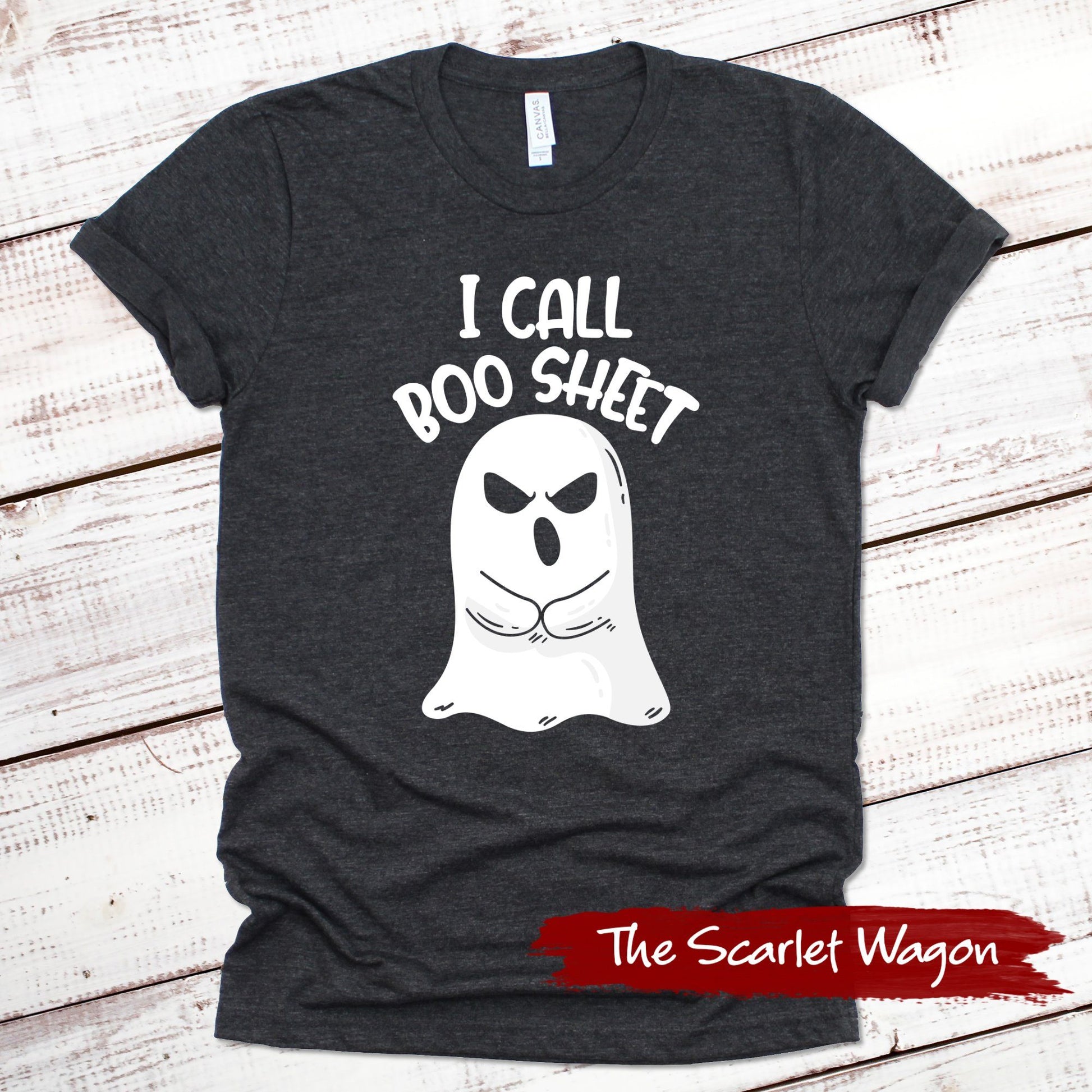 I Call Boo Sheet Halloween Shirt Scarlet Wagon Dark Gray Heather XS 
