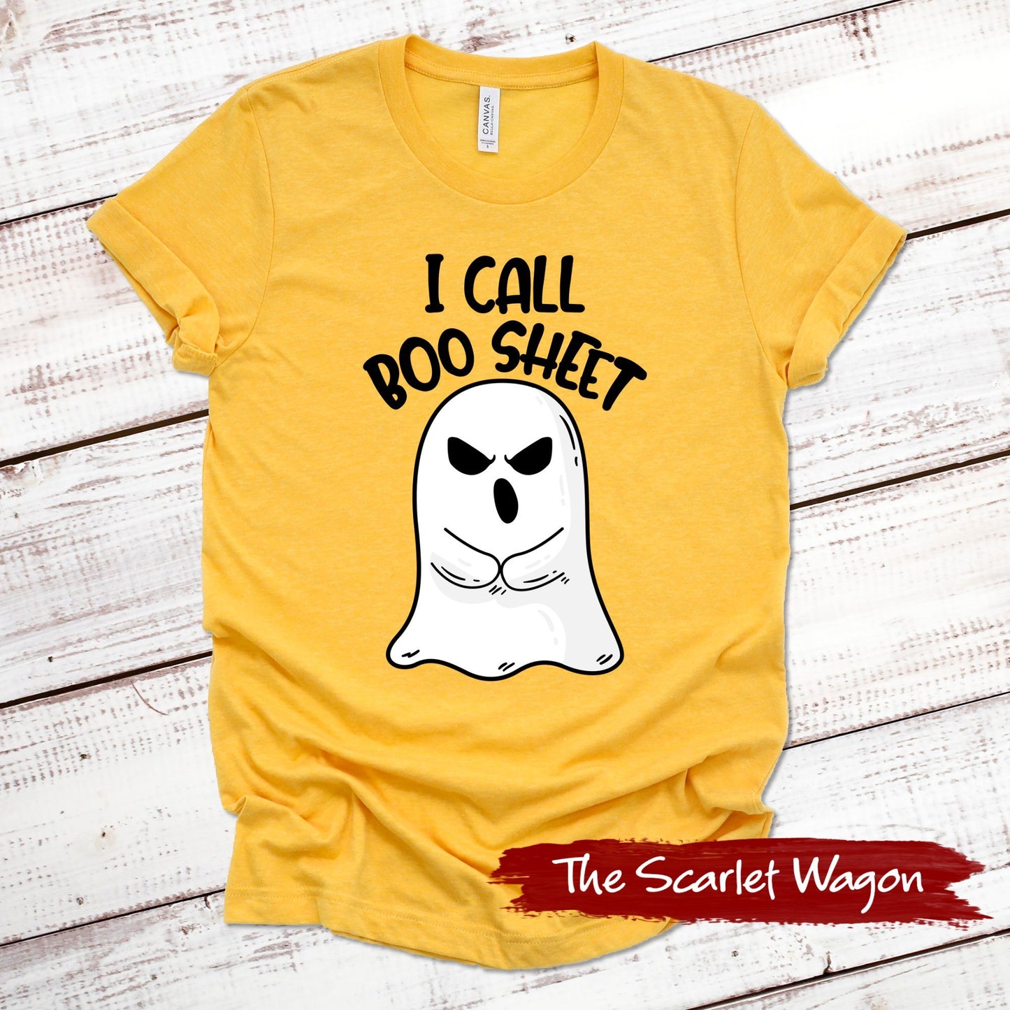 I Call Boo Sheet Halloween Shirt Scarlet Wagon Heather Gold XS 