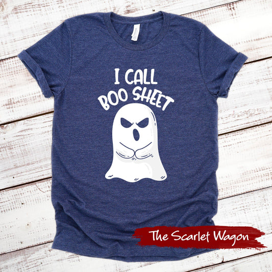 I Call Boo Sheet Halloween Shirt Scarlet Wagon Heather Navy XS 