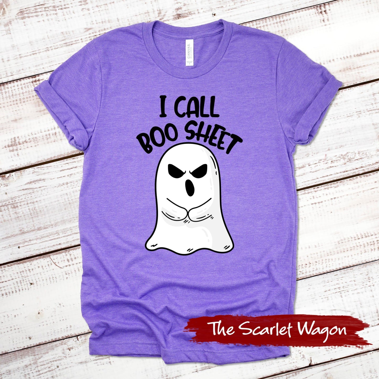 I Call Boo Sheet Halloween Shirt Scarlet Wagon Heather Purple XS 