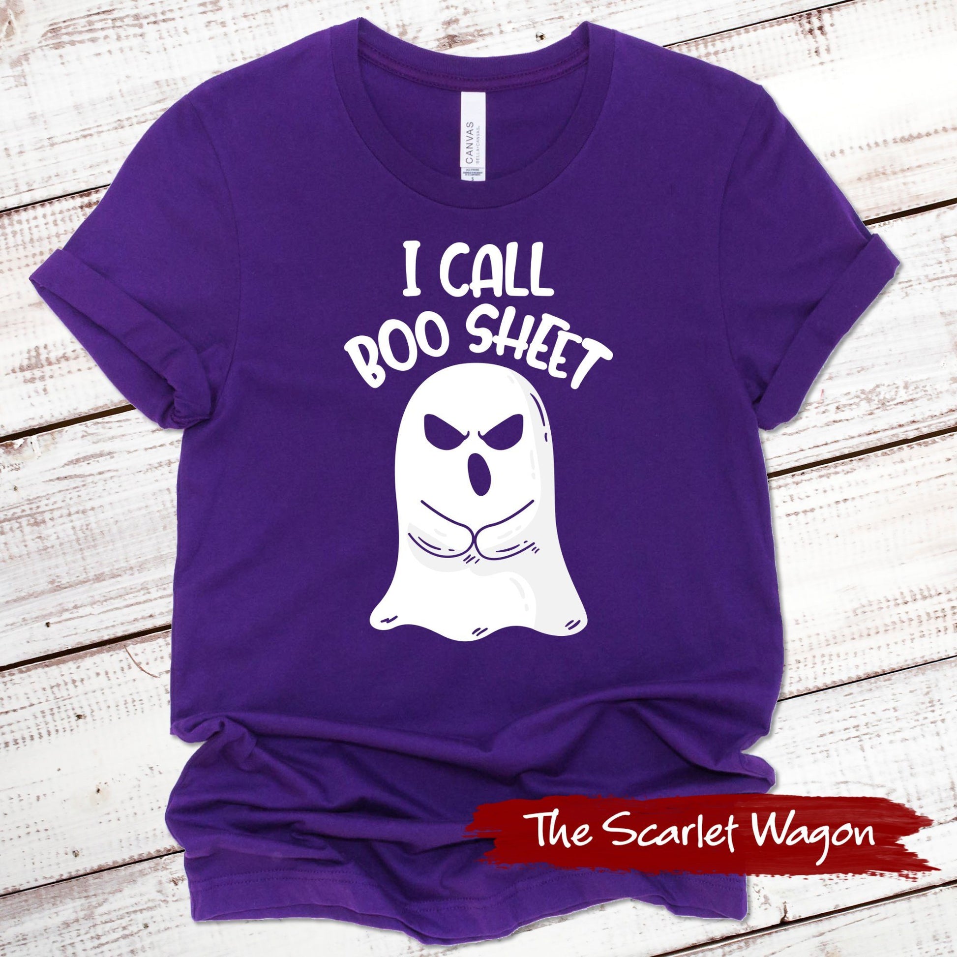 I Call Boo Sheet Halloween Shirt Scarlet Wagon Purple XS 
