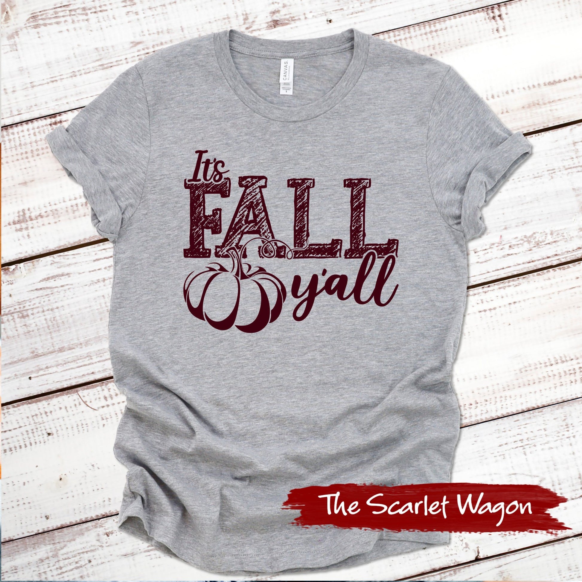 It's Fall Y'all Fall Shirt Scarlet Wagon Athletic Heather XS 