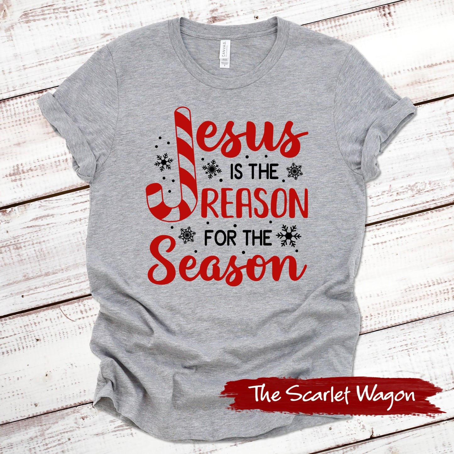 Jesus is the Reason for the Season Christmas Shirt Scarlet Wagon Athletic Heather XS 