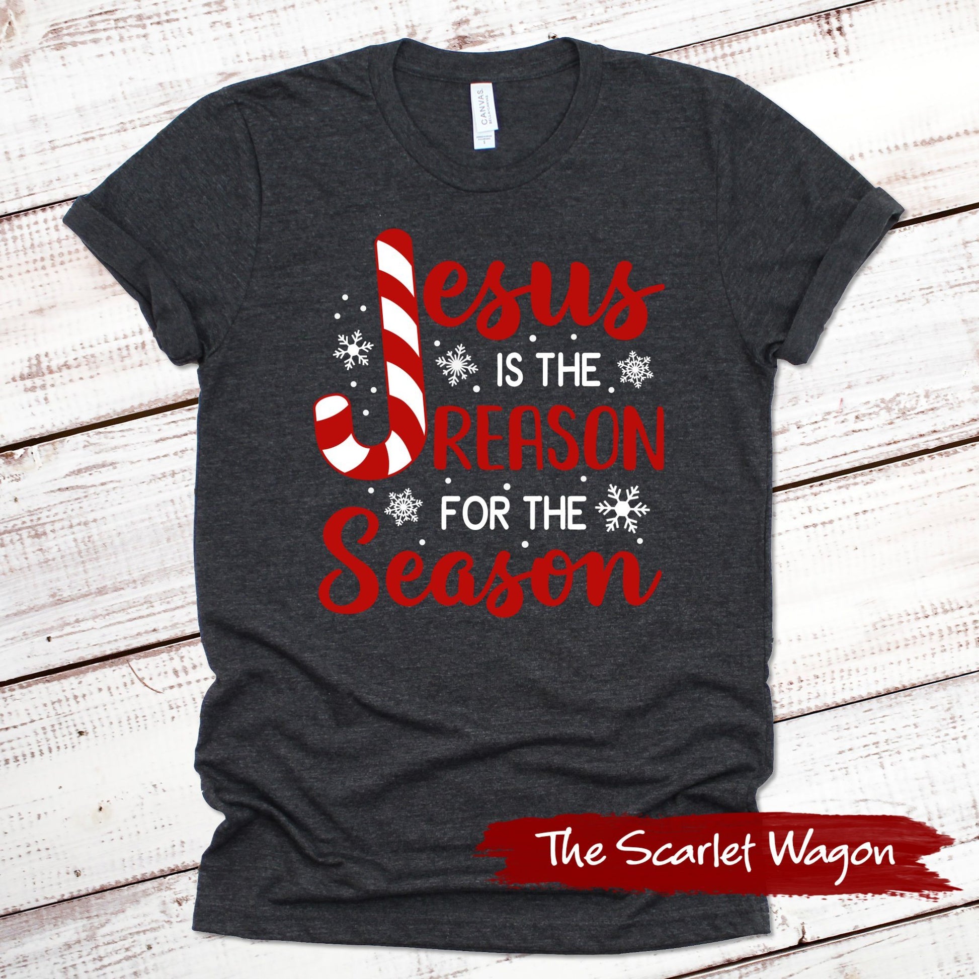 Jesus is the Reason for the Season Christmas Shirt Scarlet Wagon Dark Gray Heather XS 
