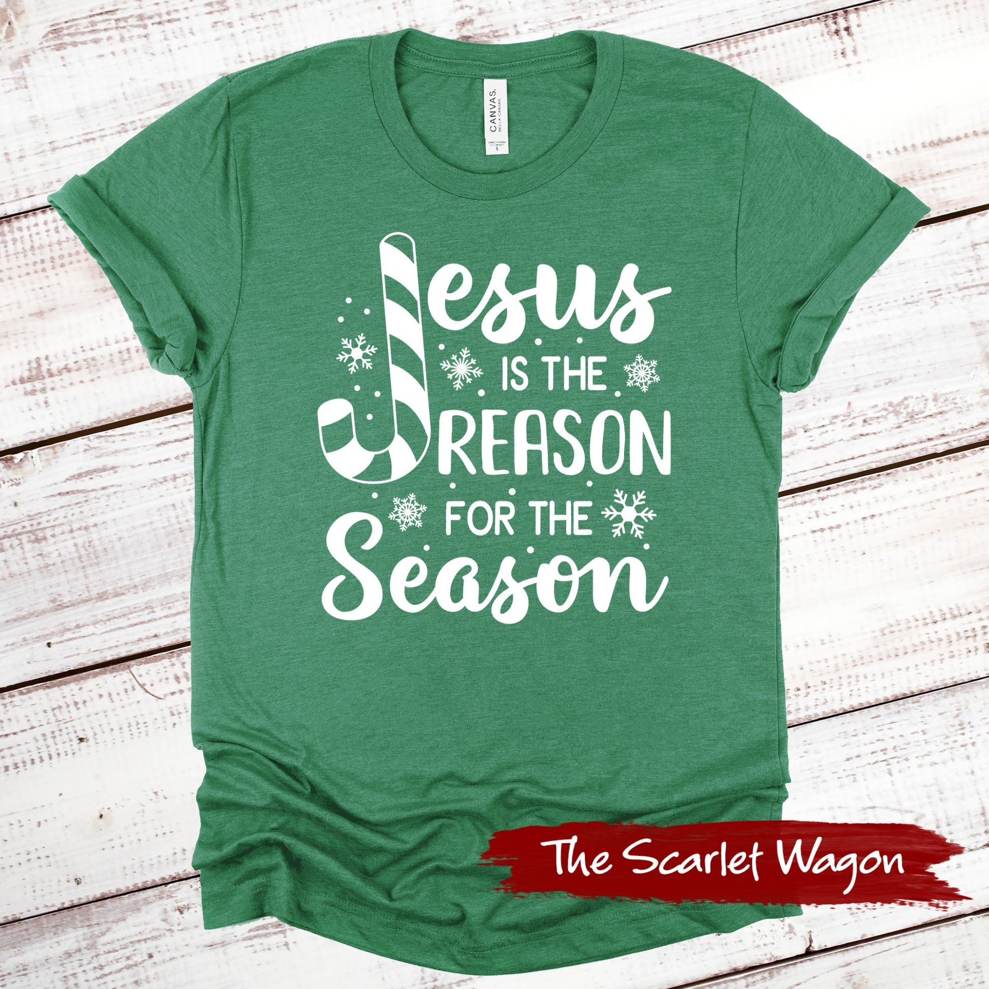 Jesus is the Reason for the Season Christmas Shirt Scarlet Wagon Heather Green XS 
