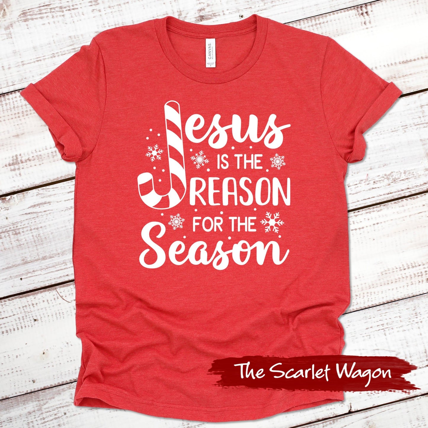 Jesus is the Reason for the Season Christmas Shirt Scarlet Wagon Heather Red XS 
