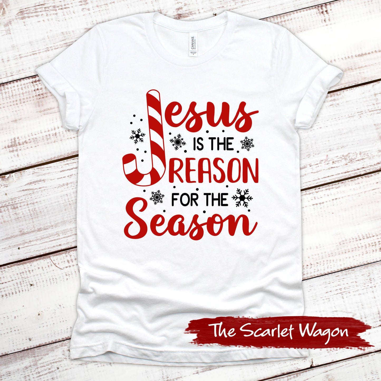 Jesus is the Reason for the Season Christmas Shirt Scarlet Wagon White XS 