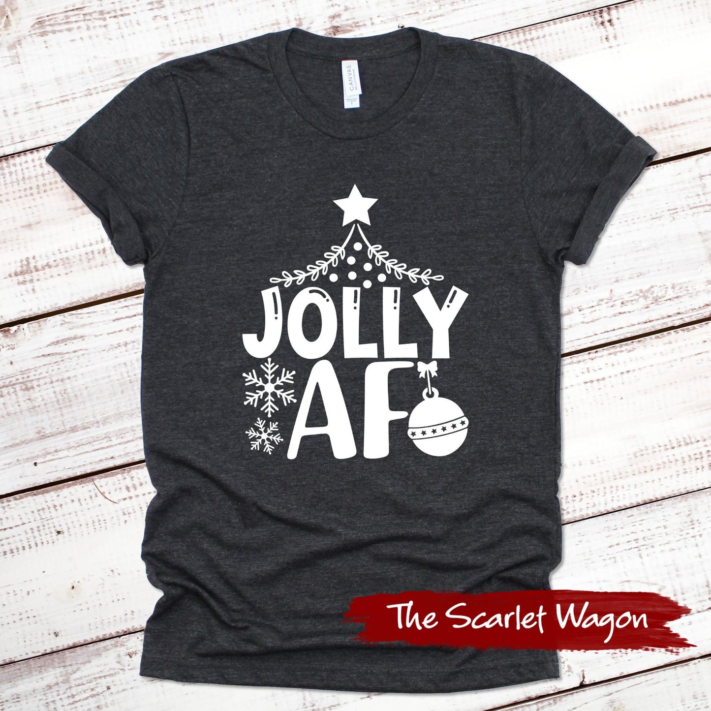 Jolly AF Christmas Shirt Scarlet Wagon Dark Gray Heather XS 