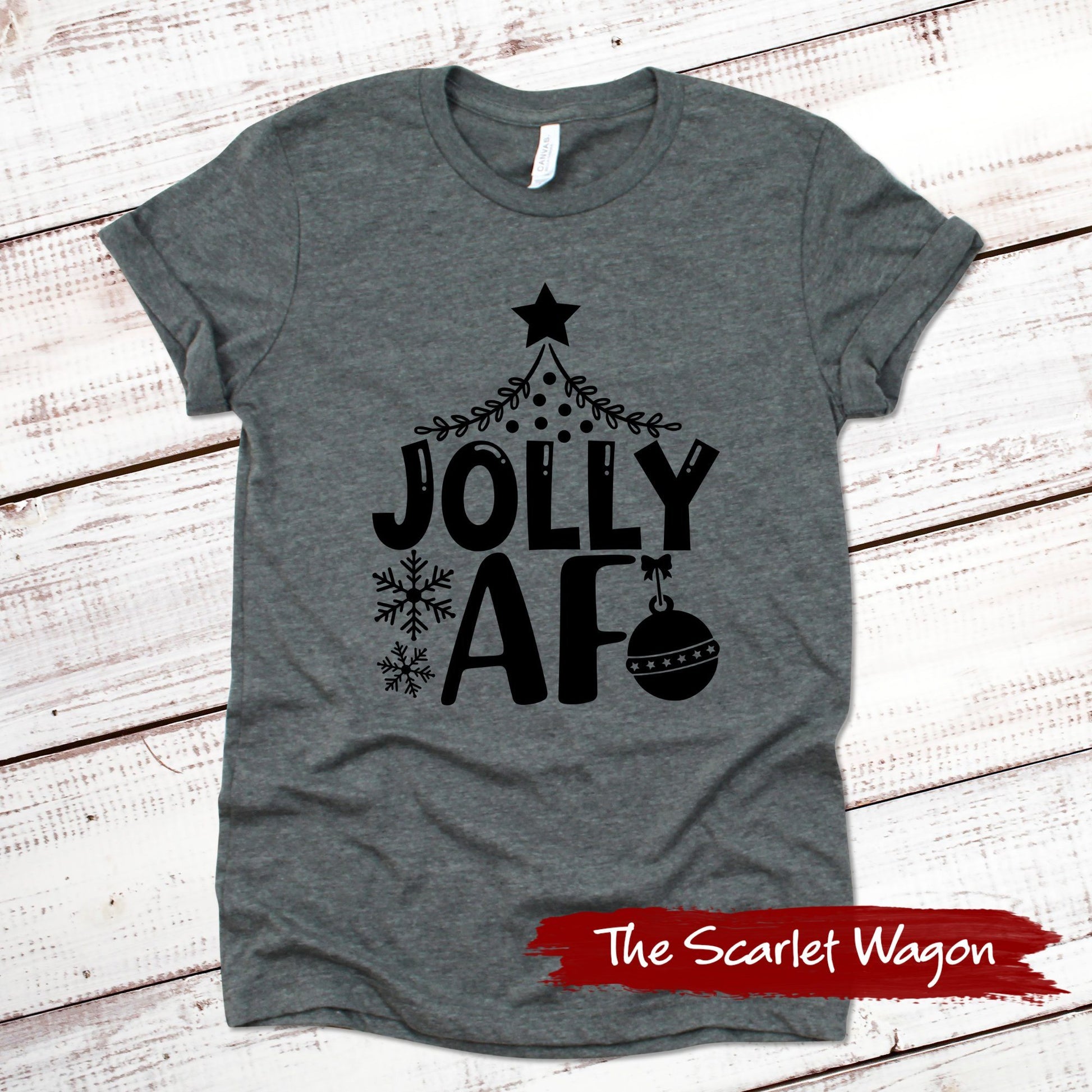 Jolly AF Christmas Shirt Scarlet Wagon Deep Heather Gray XS 